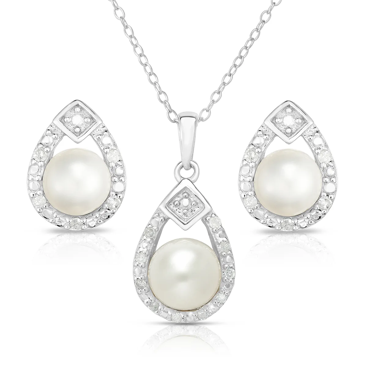 Jilco Inc Pearl And Diamond Earring & Necklace Set - Sterling Silver