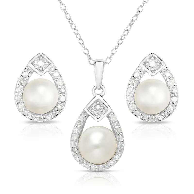 Jilco Inc Pearl And Diamond Earring & Necklace Set - Sterling Silver