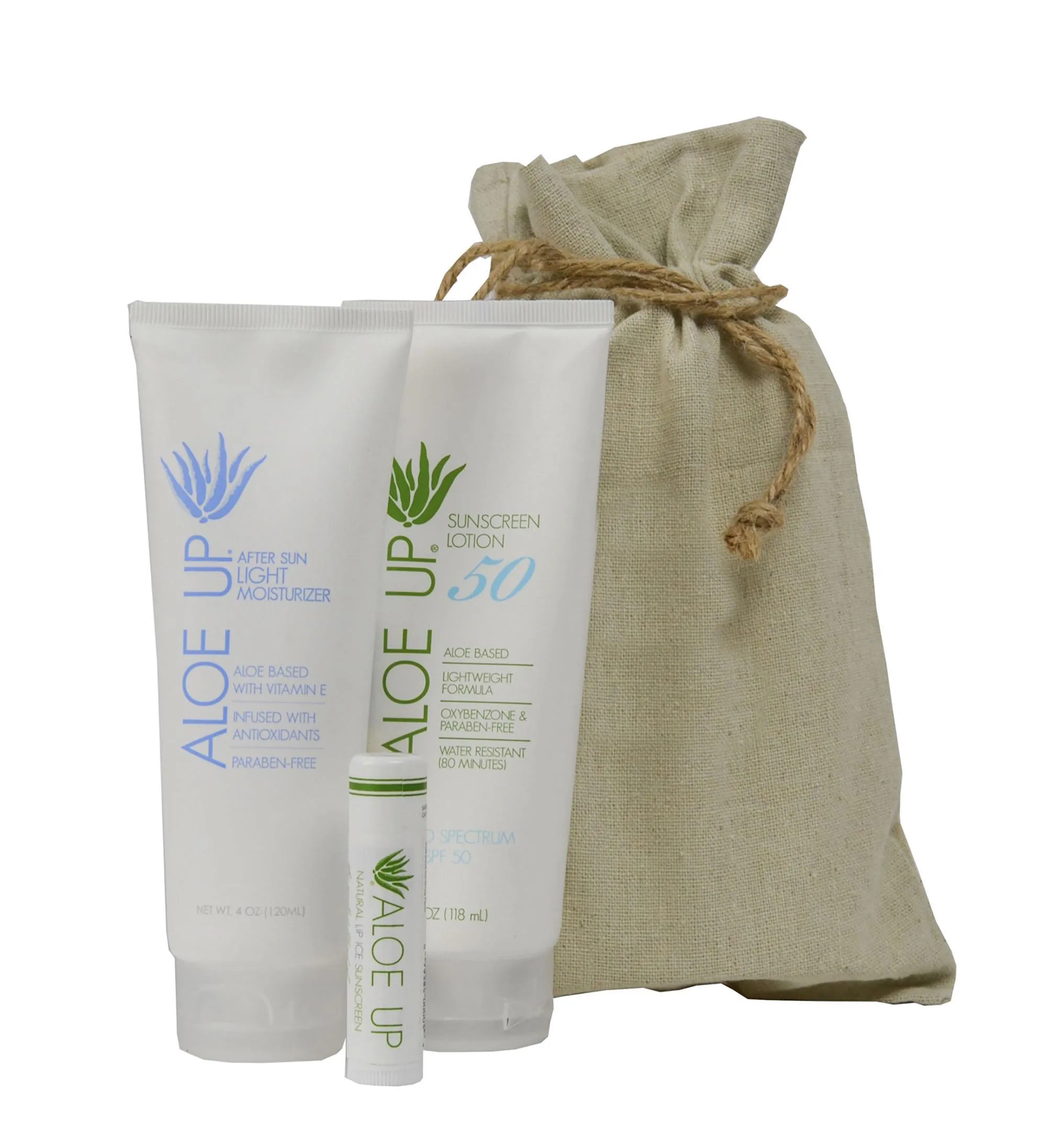 Aloe Up Linen Drawstring Bag w/White Sunscreen Collection