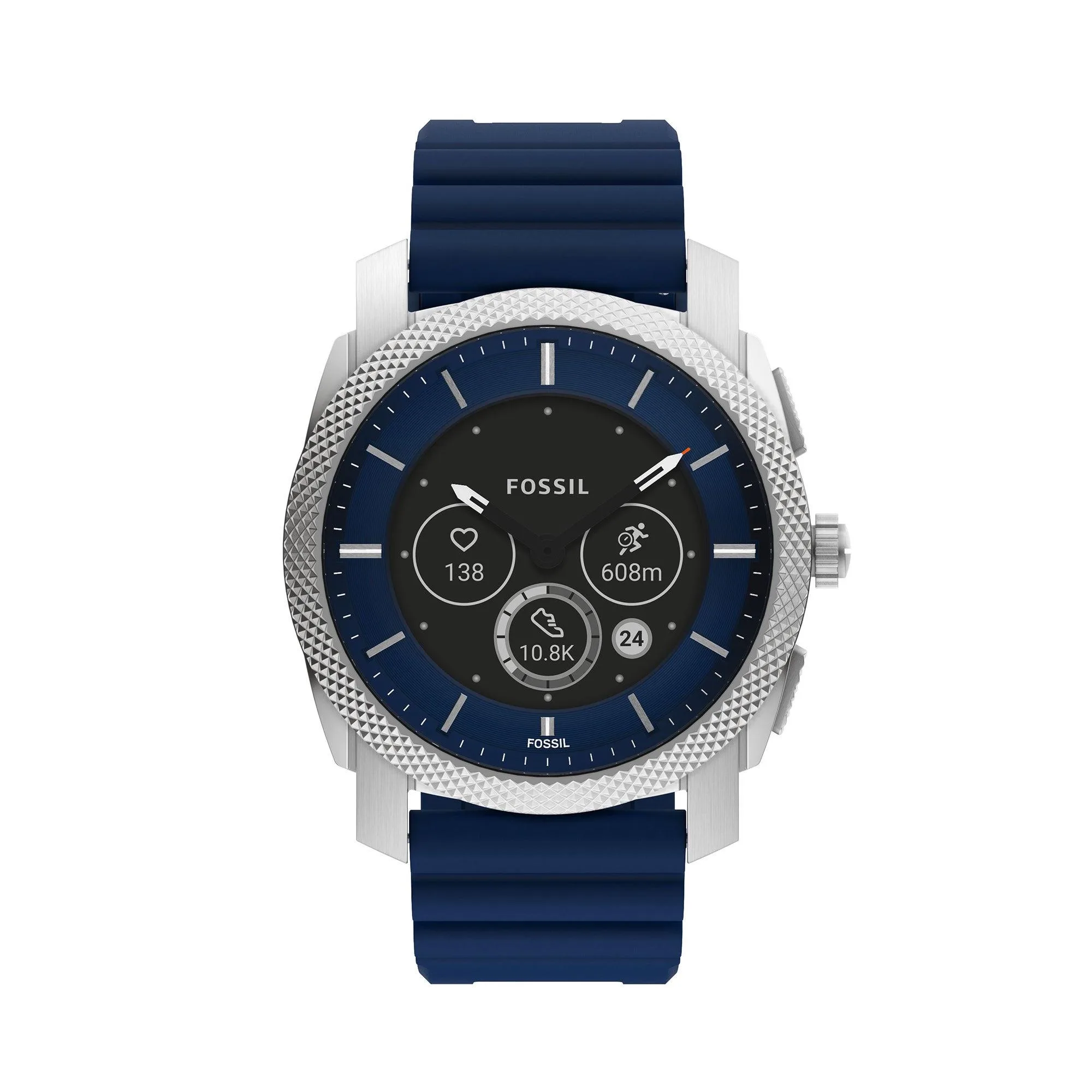 Fossil Men's Machine Gen 6 Hybrid Silver & Navy Silicone Strap Watch Navy Dial