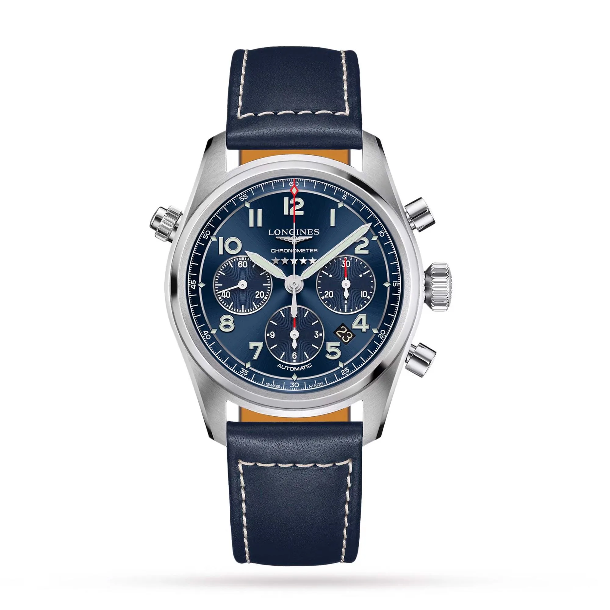 Longines Men's Spirit Automatic Chronograph Silver & Blue Leather Watch Blue Dial