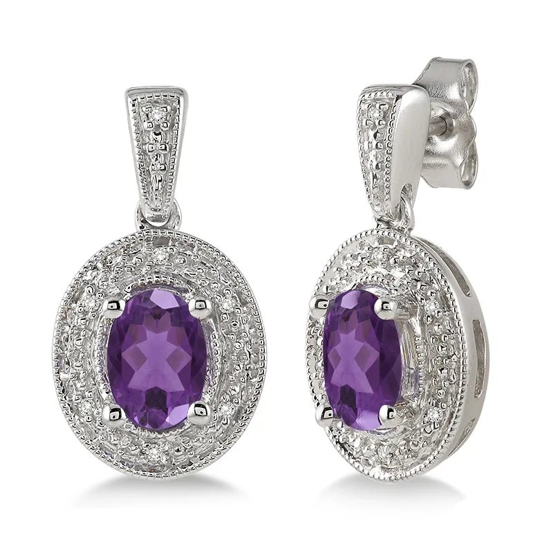 Jilco Inc Amethyst & Diamond Earrings - 7x5mm