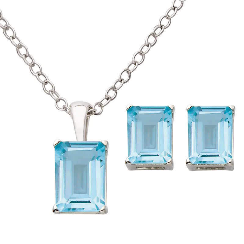 Jilco Inc Blue Topaz Earring & Necklace Set - Emerald Cut