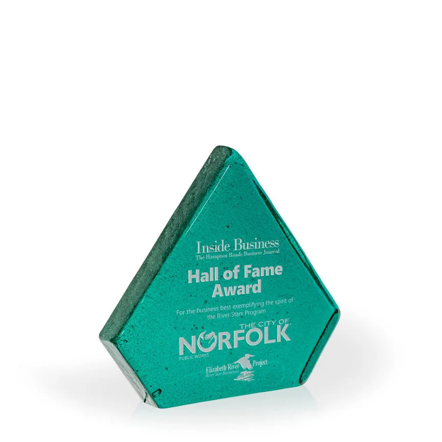 Wesley Brilliant Teal Diamond Recycled Glass Award, 7"