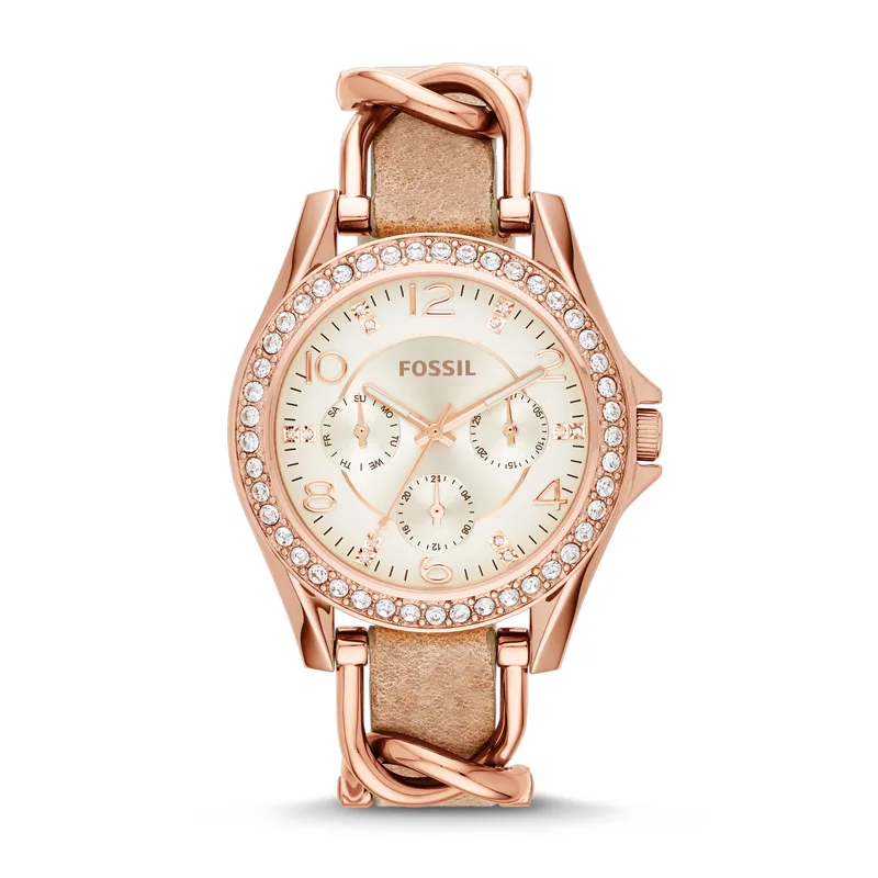 Fossil Ladies Riley Rose Gold-Tone Crystal Leather Watch Beige Dial
