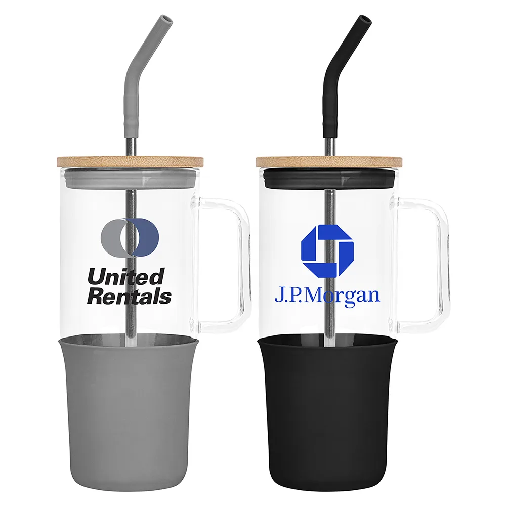 32 Oz. Glass Tumbler w/Handle and Straw