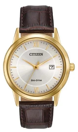 Citizen® Men's Eco-Drive® Brown Leather Strap Watch w/Ivory Dial & Gold Accents