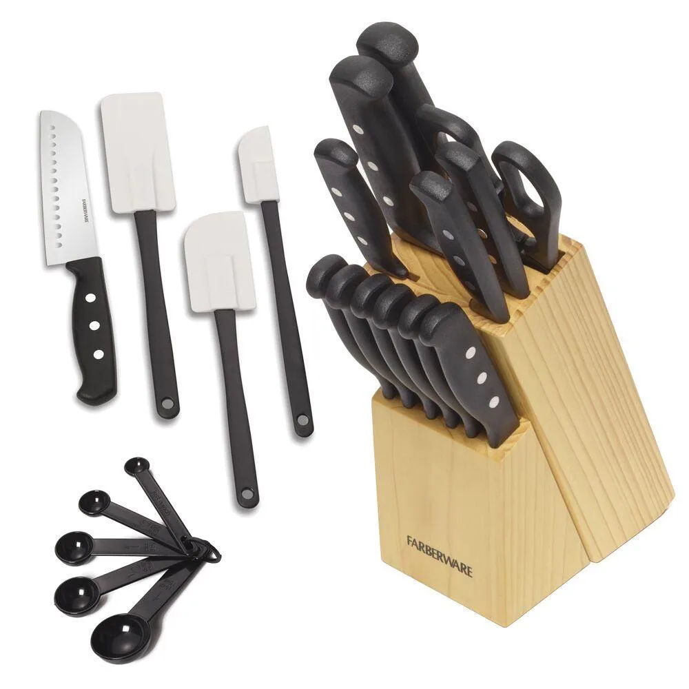 Farberware 22Pc Triple Rivet Never Needs Sharpening Knife Block W/ Kitchen Tools