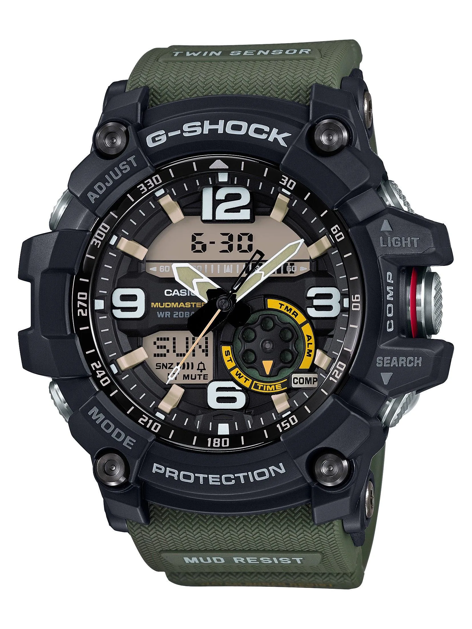 G-Shock Mens Mudmaster Analog/Digital Green Cloth Band Watch Black Dial