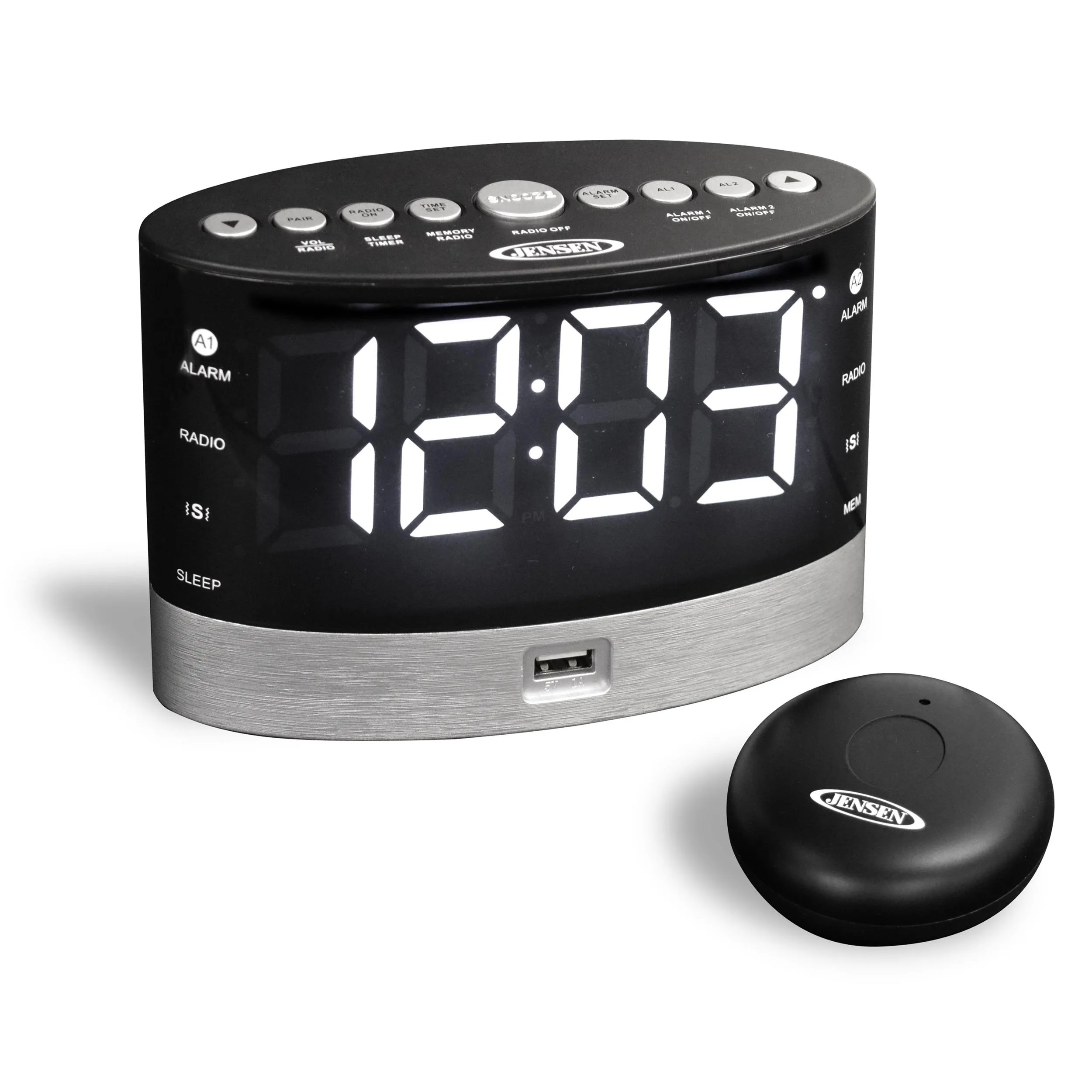 Jensen Audio Am/Fm Dual Alarm Clock Radio w/Wireless Under Pillow Vibrator