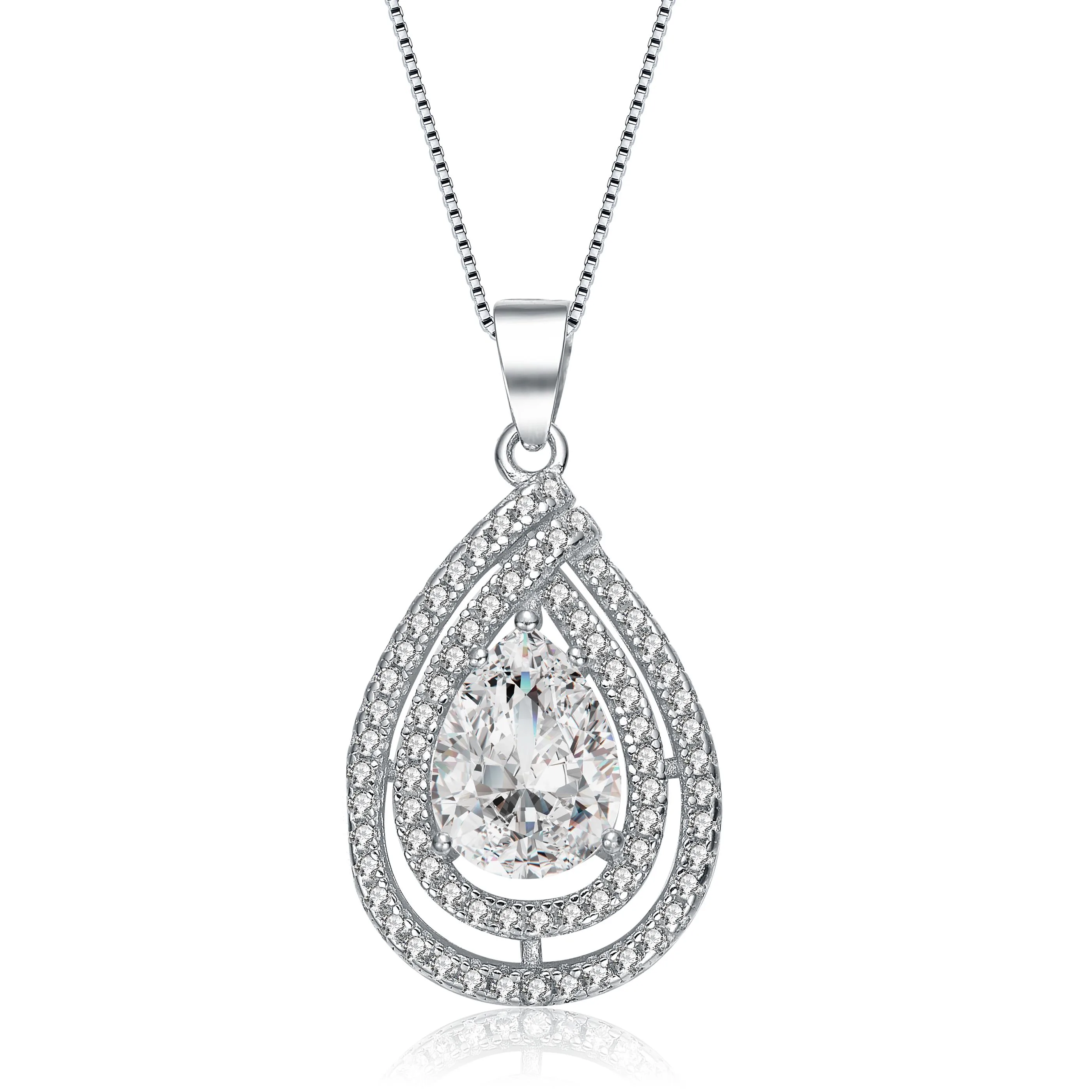 GENEVIVE Cz Rhodium Plated Pear Shape Pendant Size 16