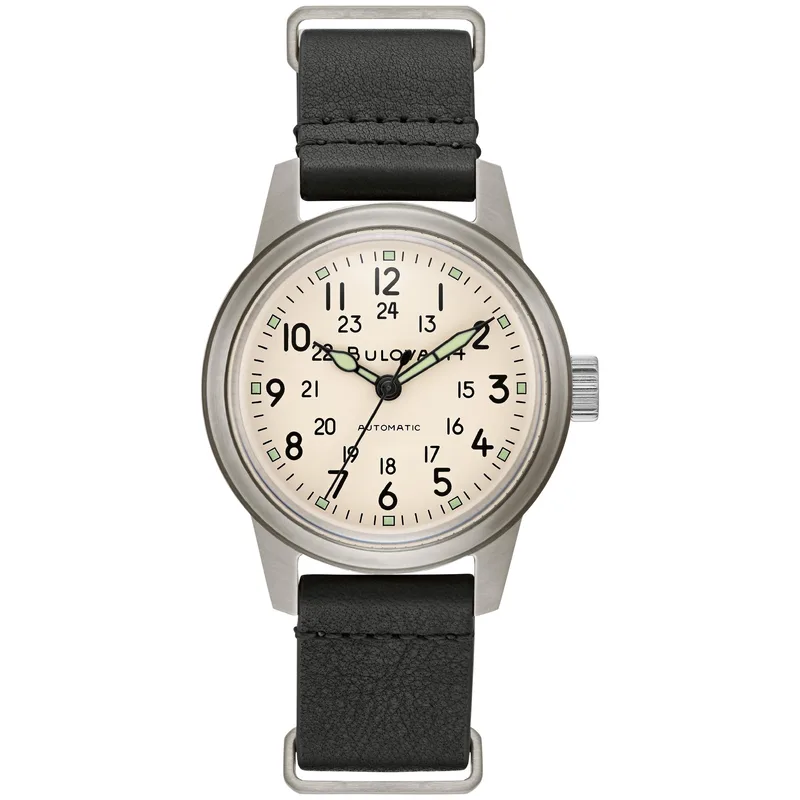 Bulova Watches Men's Military Hack Watch Black Leather Nato Strap