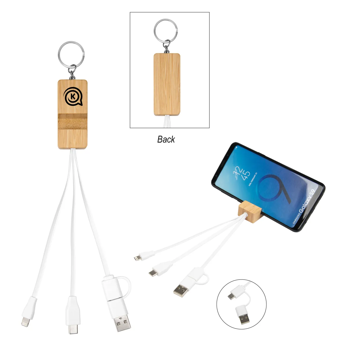 Bamboo Phone Holder Keyring With Charging Cables view 2