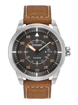 Citizen® Men's Eco-Drive® Avion Stainless Steel Watch w/Grey Dial & Brown Leather Strap