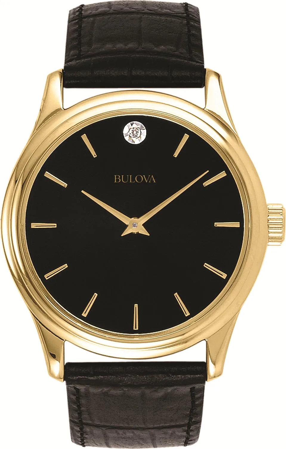 Bulova Watches Men's Black Leather Strap Watch w/Black Diamond Dial - Corporate Collection