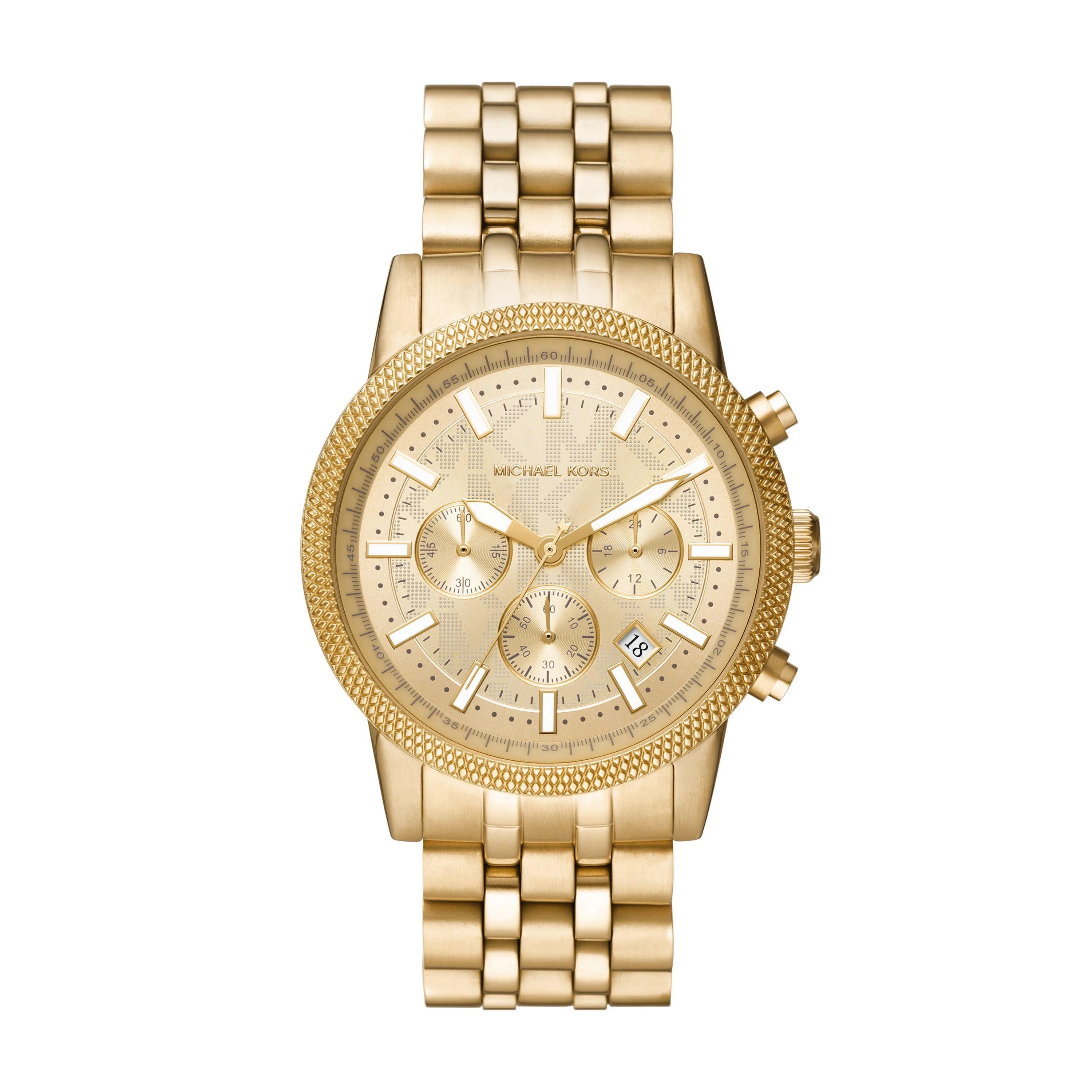 Michael Kors Mens Oversized Hutton Gold-Tone Stainless Steel Chronograph Watch Gold Dial