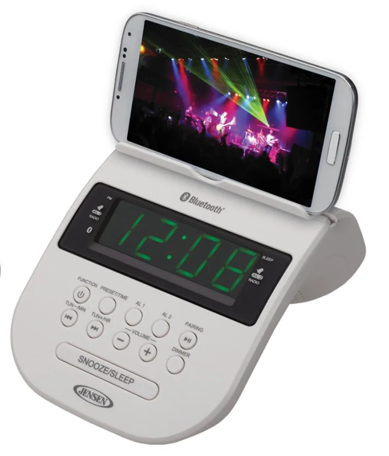 Jensen Audio Bluetooth Clock Radio With Cellphone Holder