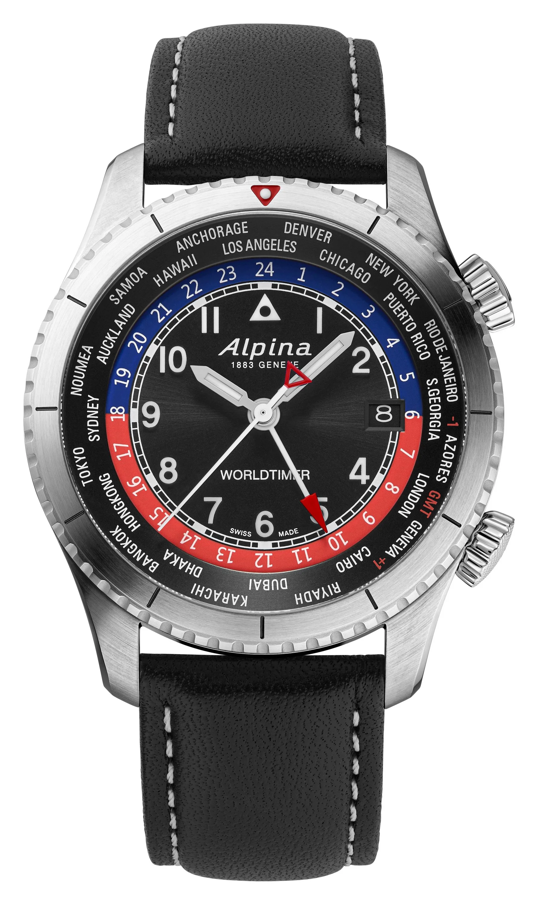Alpina Mens Startimer Leather Strap Watch Black Dial