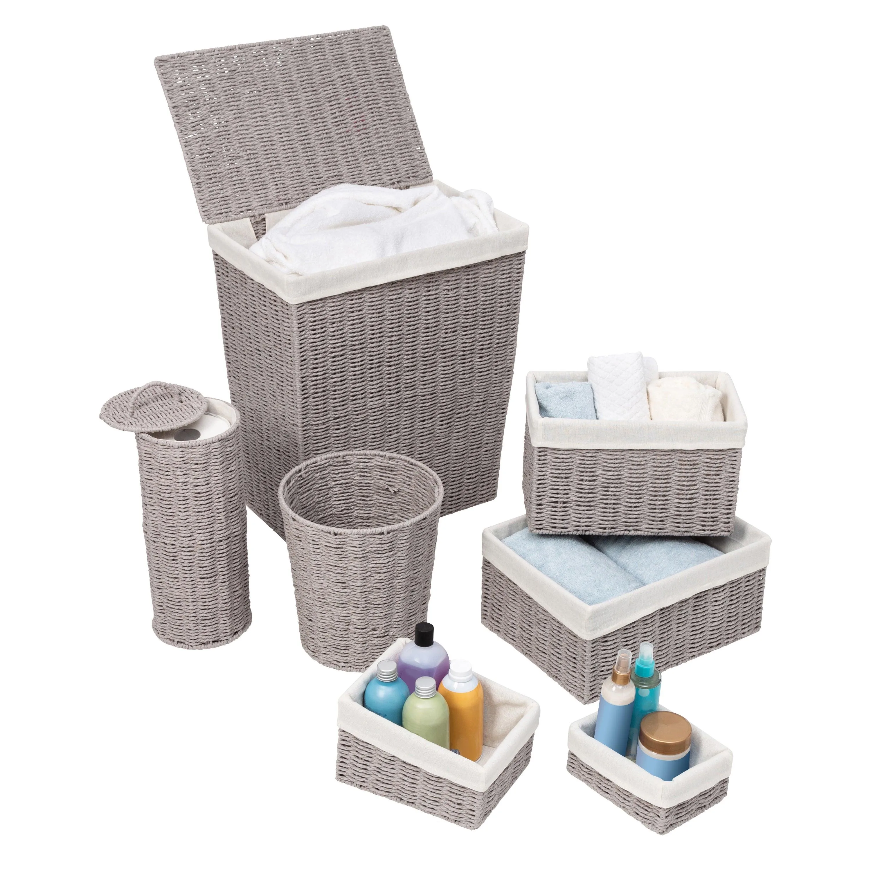 Honey-Can-Do 7Pc Twisted Paper Rope Woven Bathroom Storage Basket Gray