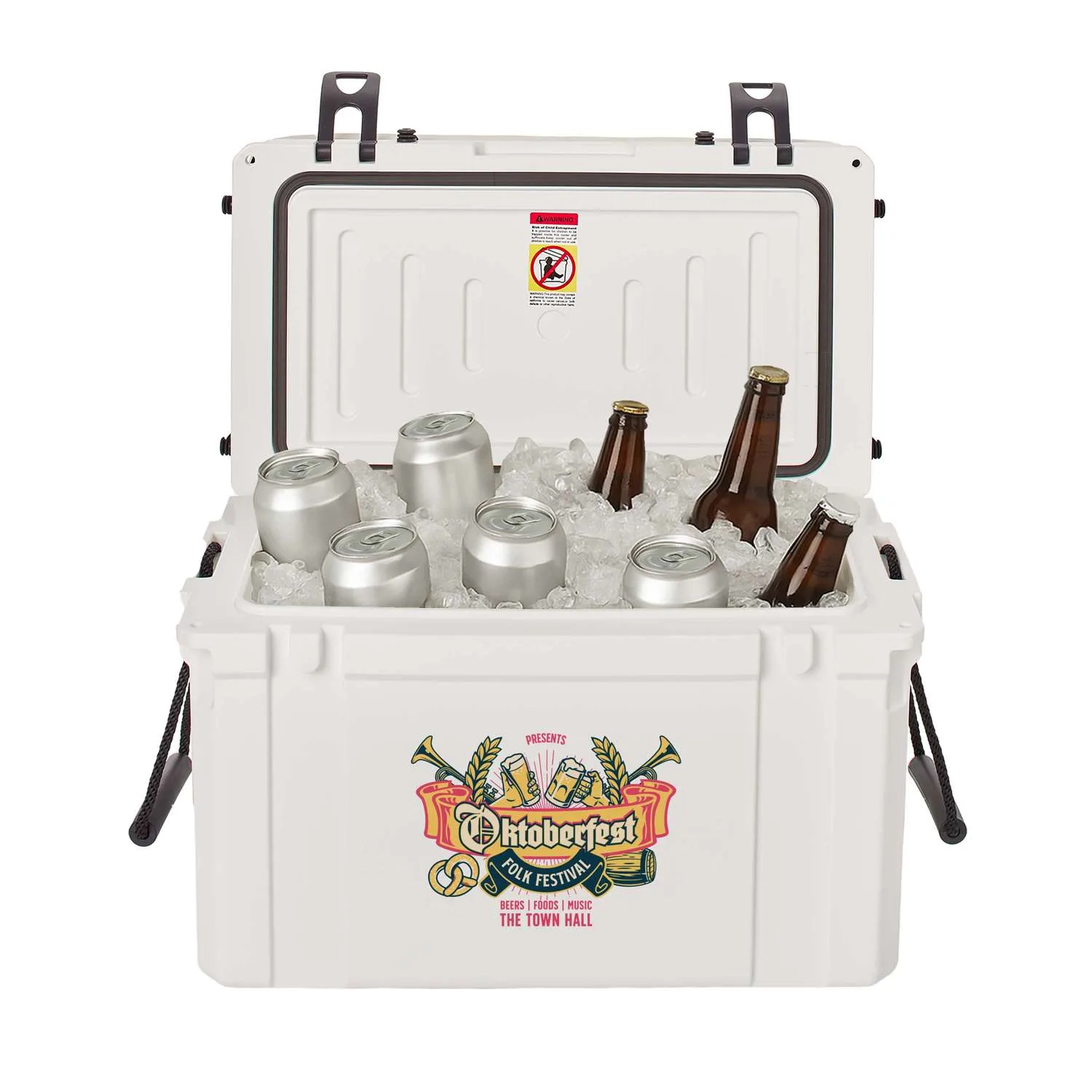 45L Bench Cooler, Front and Cushion Imprint view 2