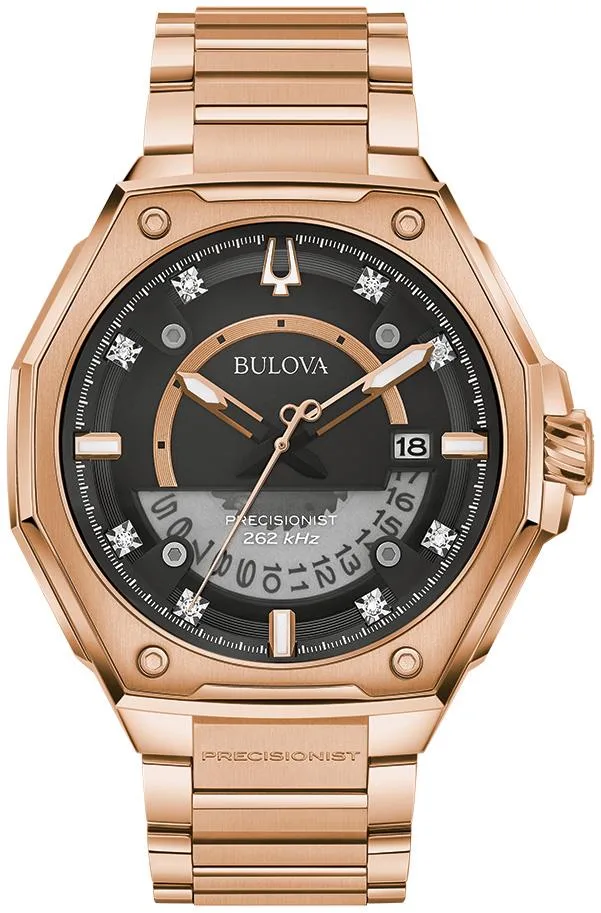 Bulova Watches Men's Precisionist X Rose Gold-Tone Stainless Steel Bracelet Watch Black Dial