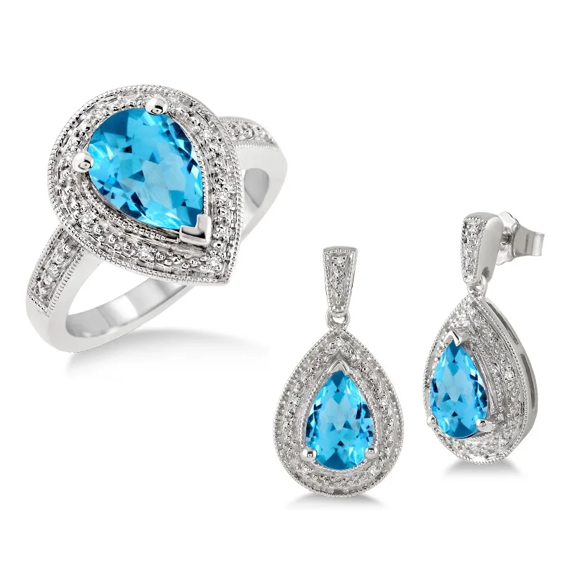 Jilco Inc Blue Topaz & Diamond Earring And Ring Set - Sterling Silver