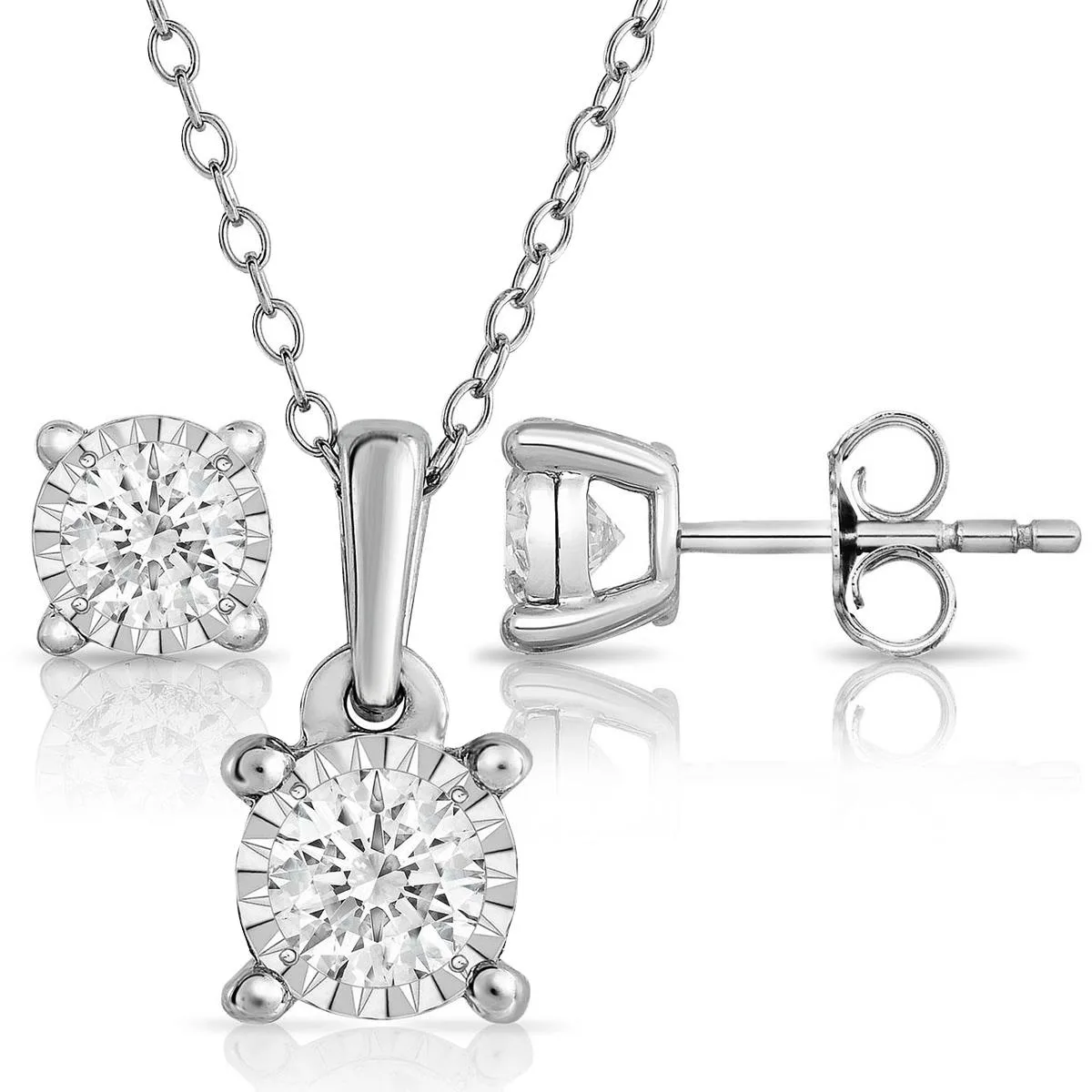Jilco Inc Sterling Silver Diamond Solitaire Earrings And Necklace Set