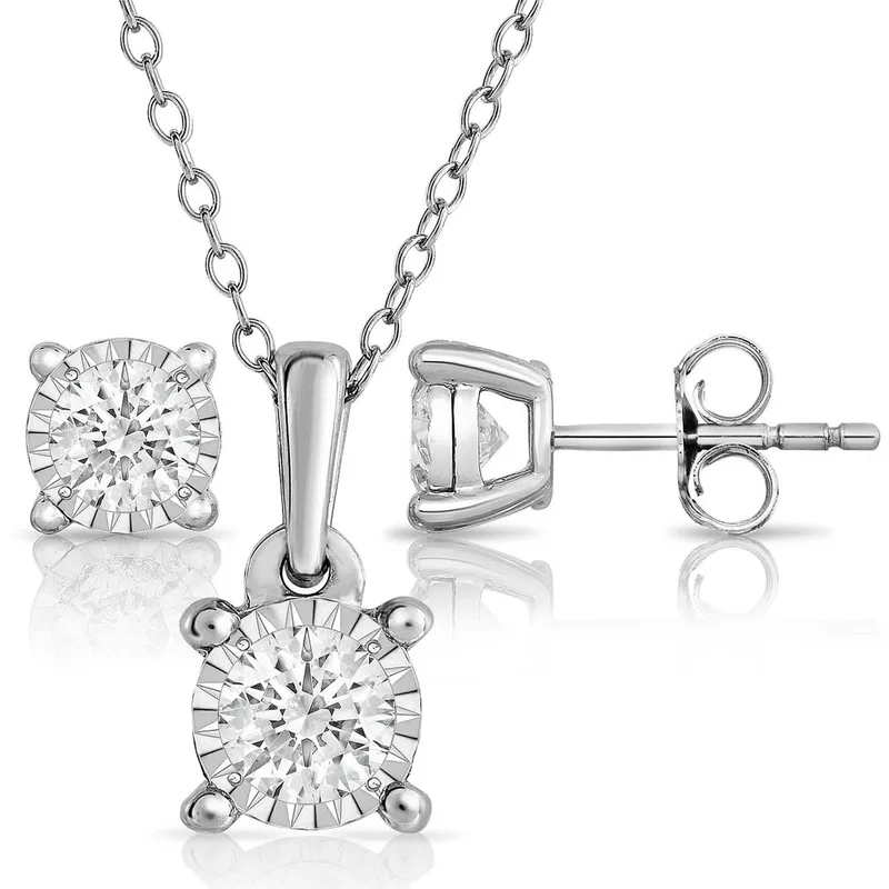 Jilco Inc Sterling Silver Diamond Solitaire Earrings And Necklace Set