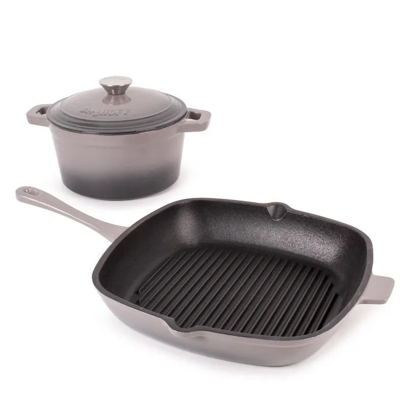 BergHoff Neo 3Pc Cast Iron Set: 3Qt Covered Dutch Oven & 11" Grill Pan, Oyster