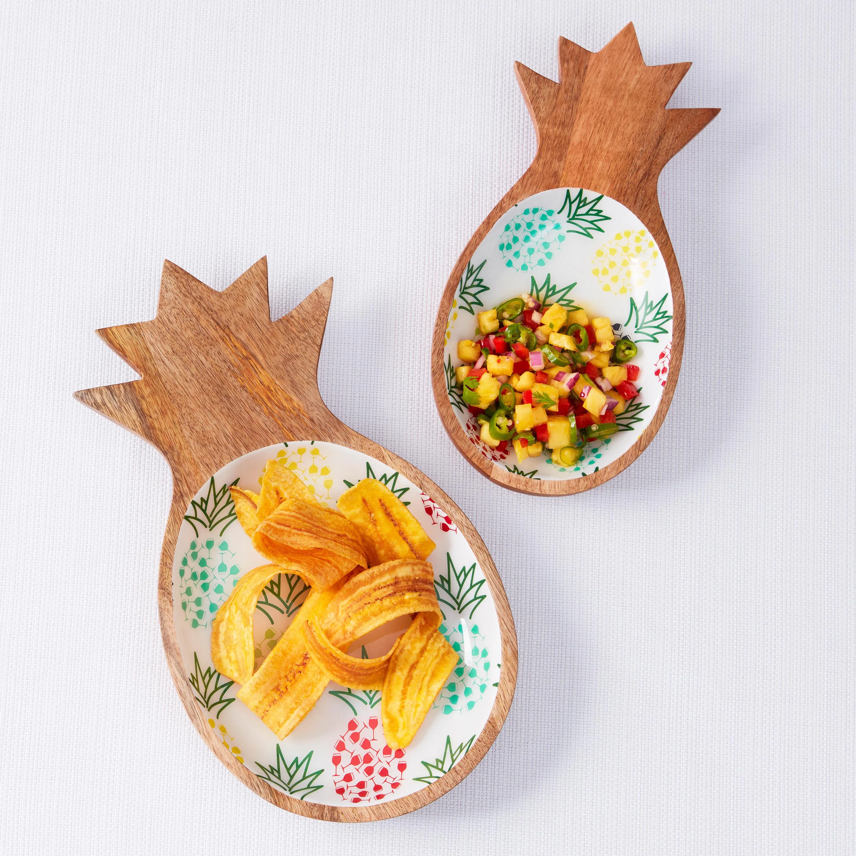 Wine Enthusiast Mango Wood And Enamel Nesting Serving Bowls w/Wine-Glass Pineapple Print (Set Of 2)