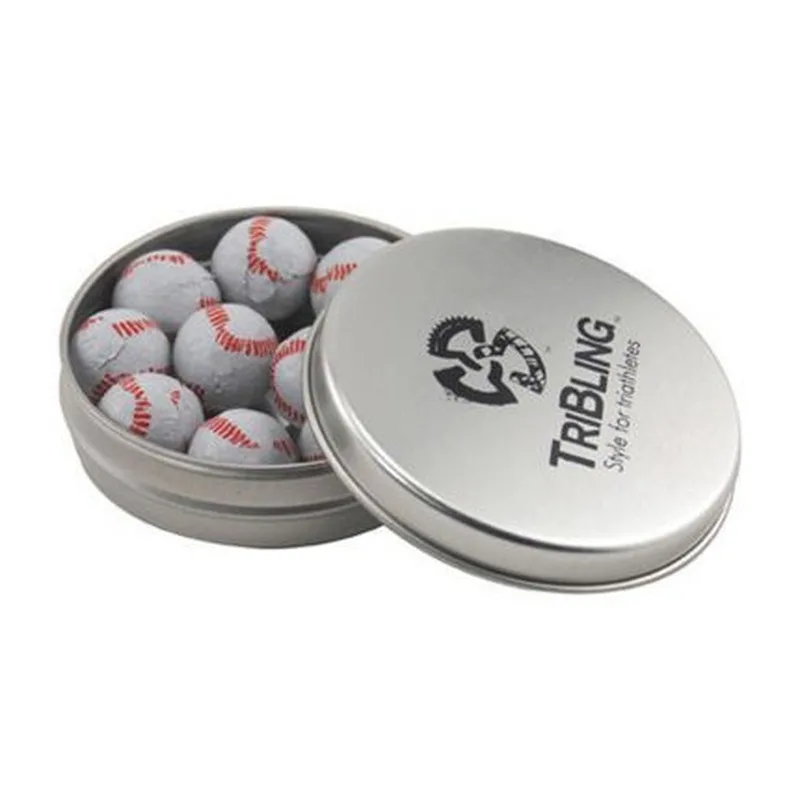 Round Tin with Chocolate Baseballs -1.7 Oz.