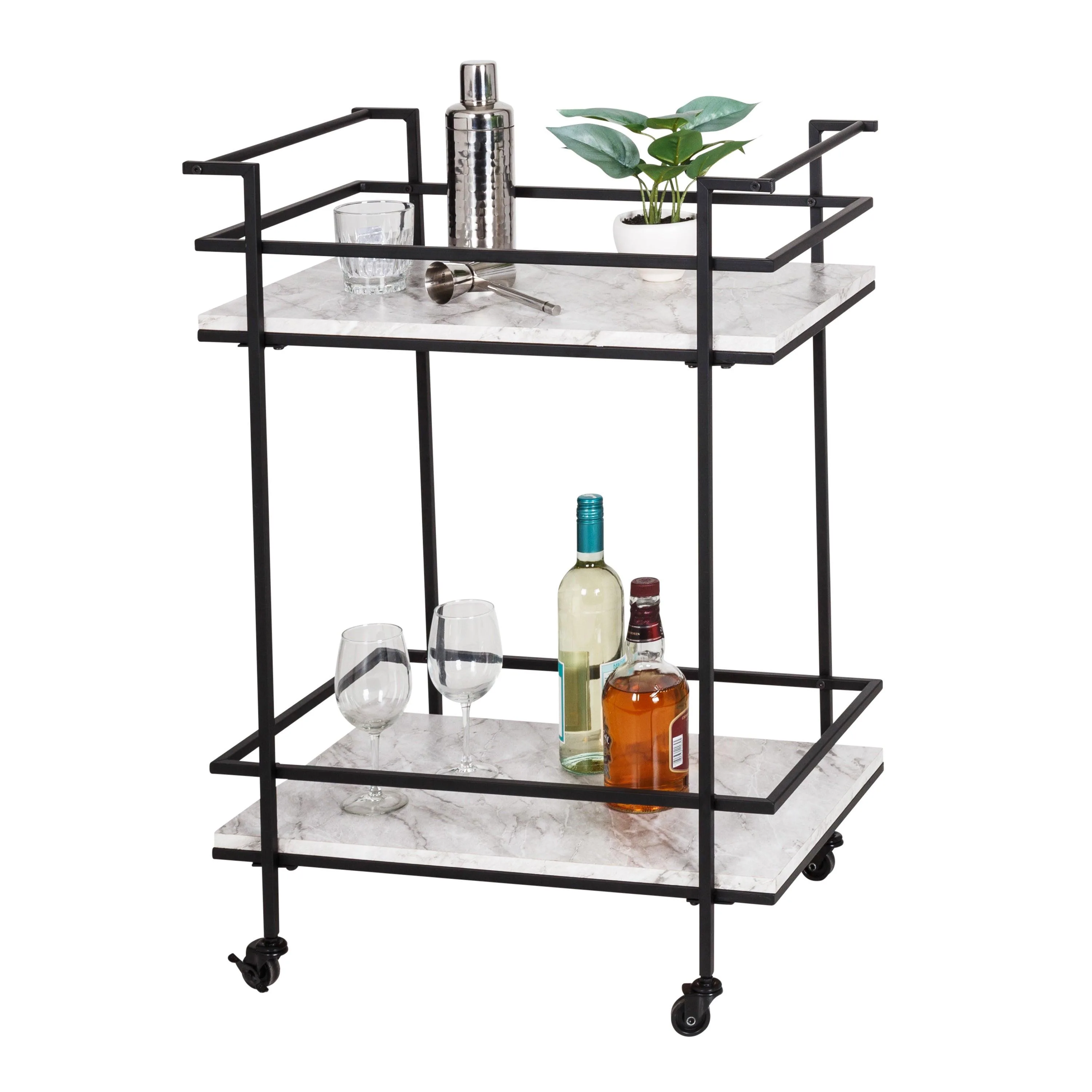 Honey-Can-Do 2 Tier Rolling Bar & Serving Cart Black & Faux Marble
