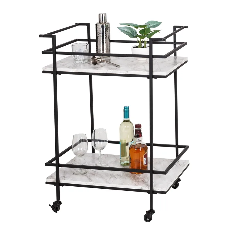 Honey-Can-Do 2 Tier Rolling Bar & Serving Cart Black & Faux Marble