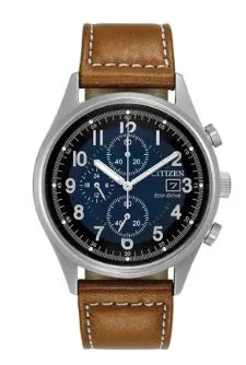 Citizen® Men's Chandler Eco-Drive® Distressed Brown Strap Watch w/Blue Dial