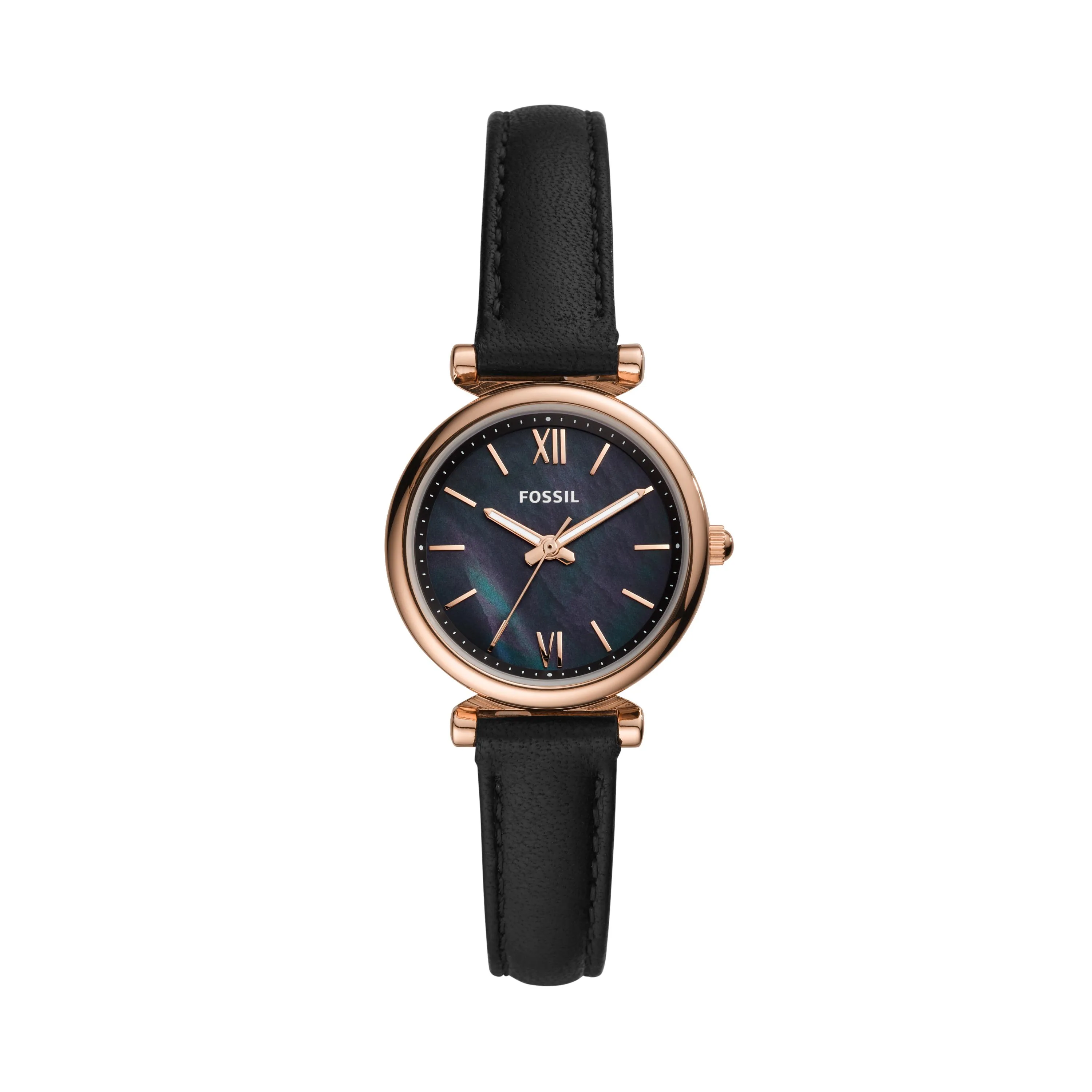 Fossil Ladies Carlie Mini Rose Gold & Black Leather Strap Watch Black Dial
