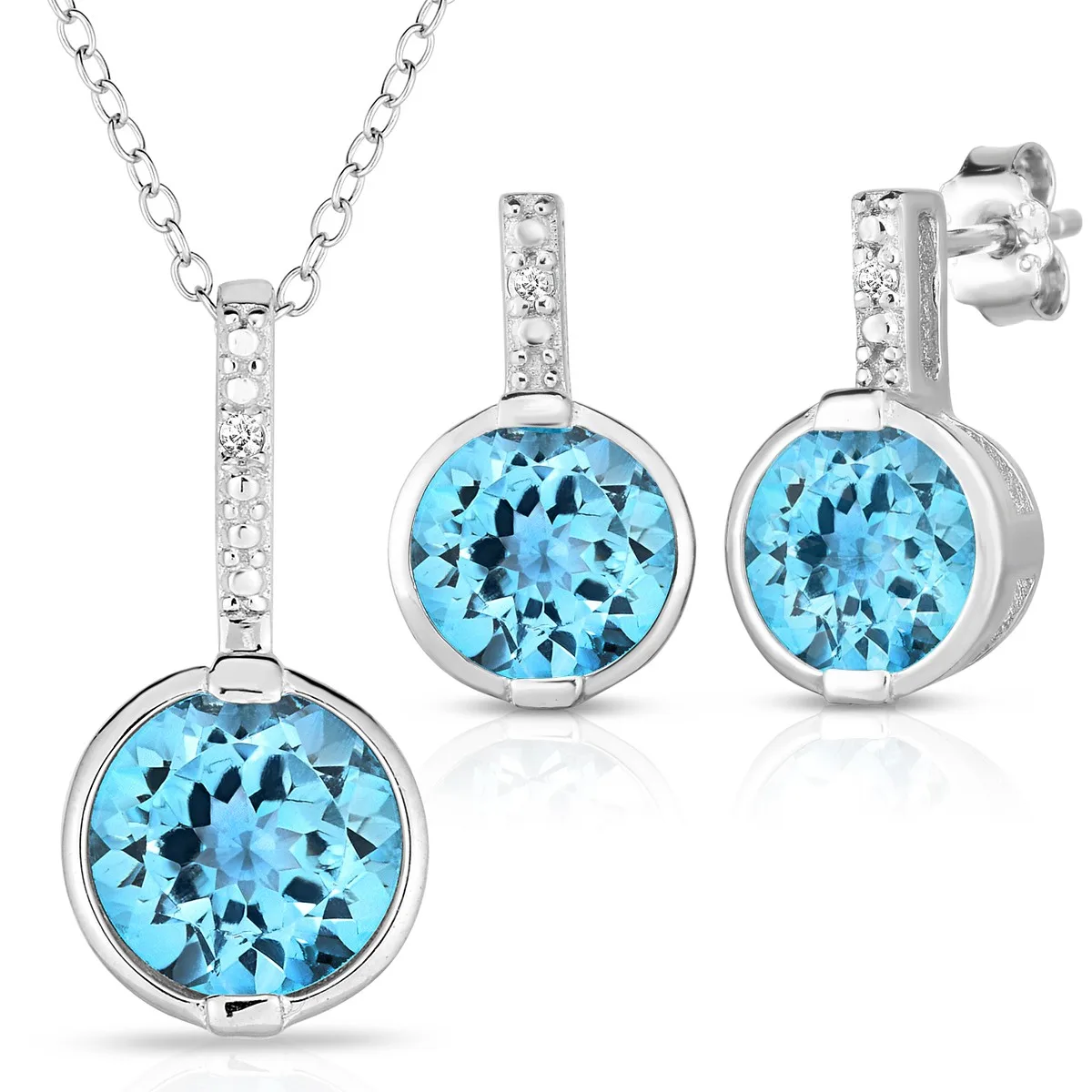 Jilco Inc Blue Topaz & Diamond Earring And Necklace Set - Sterling Silver