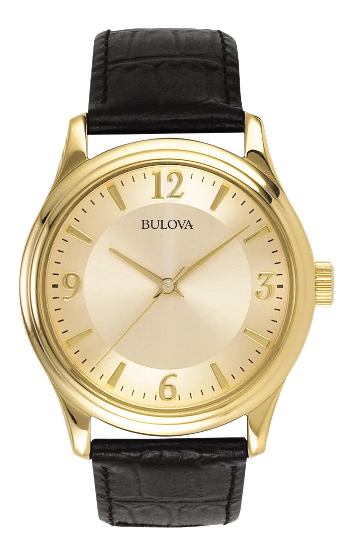 Bulova Watches Corporate Collection Men's Black Leather Strap Watch w/Gold Dial