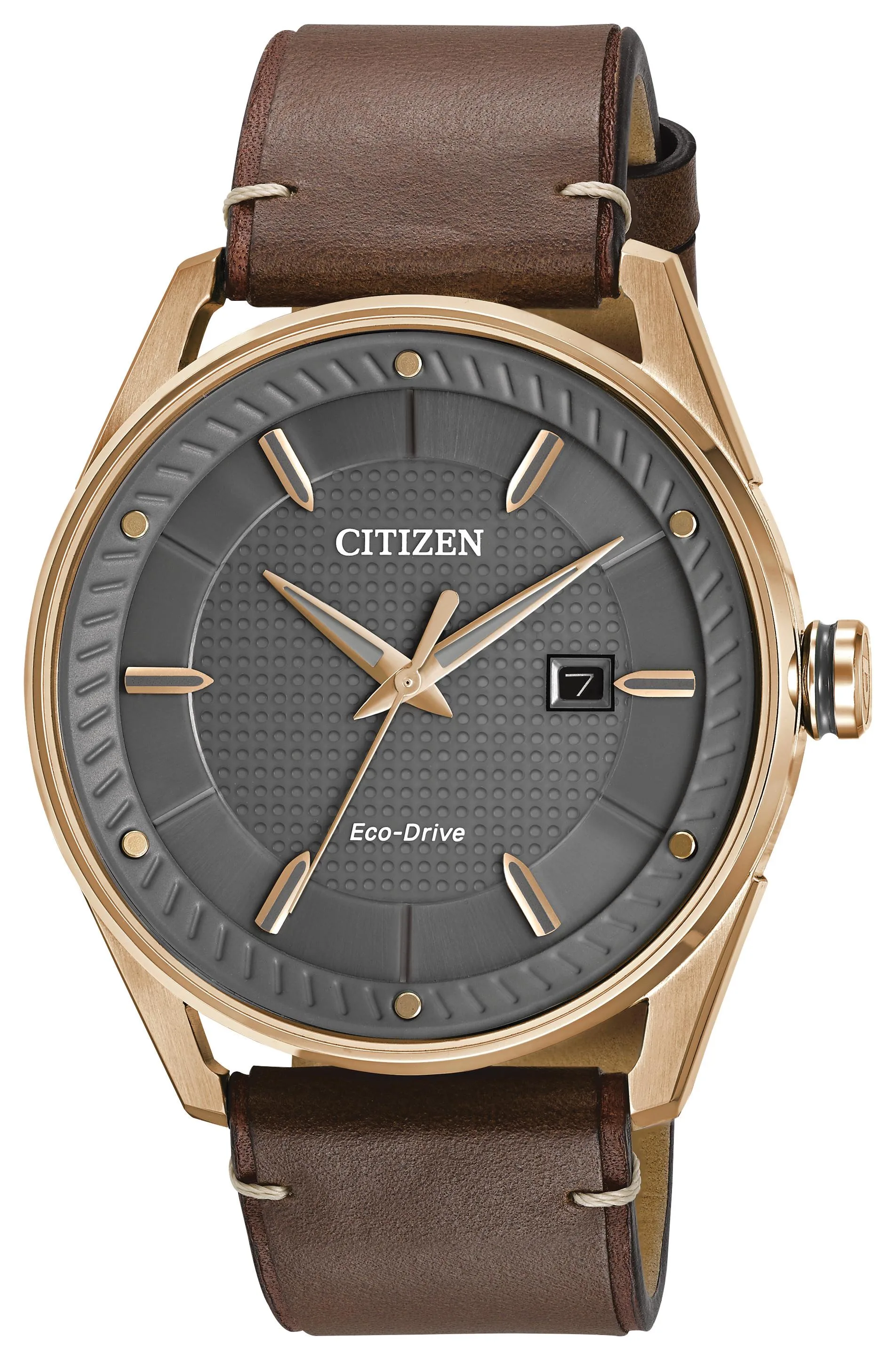 Citizen Watch Men's Drive Eco-Drive Watch, Rose Gold-Tone Ss Case, Brown Strap And Dark Grey Dial