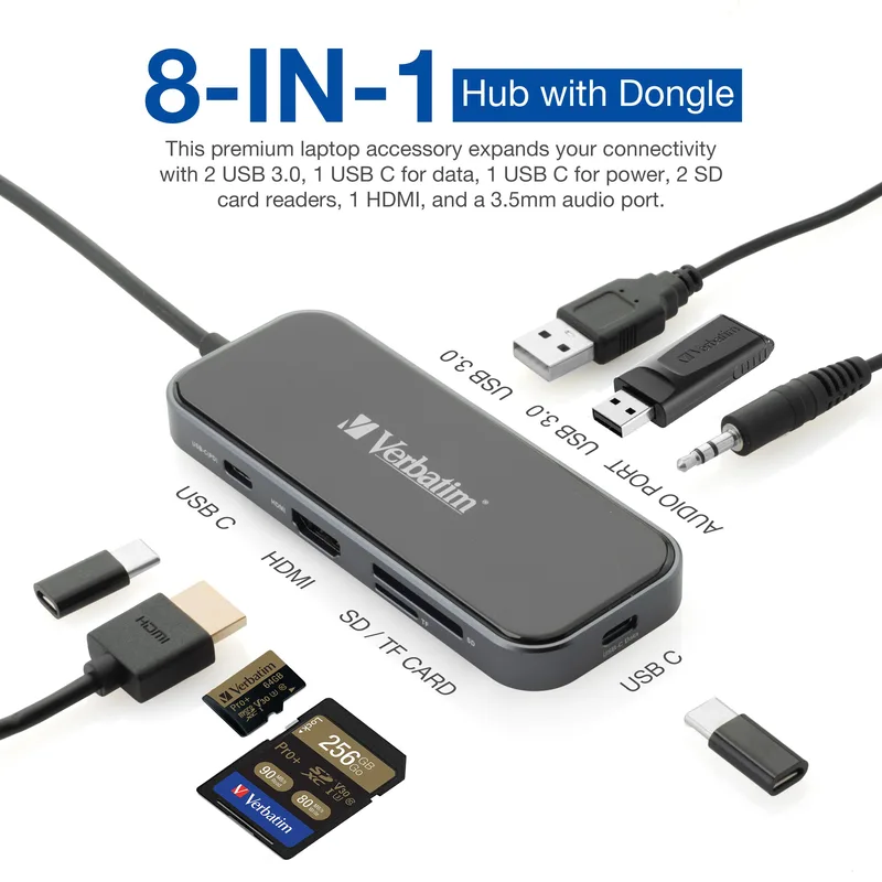 Verbatim 8-In-1 Usb C Hub Adapter With 4K Hdmi