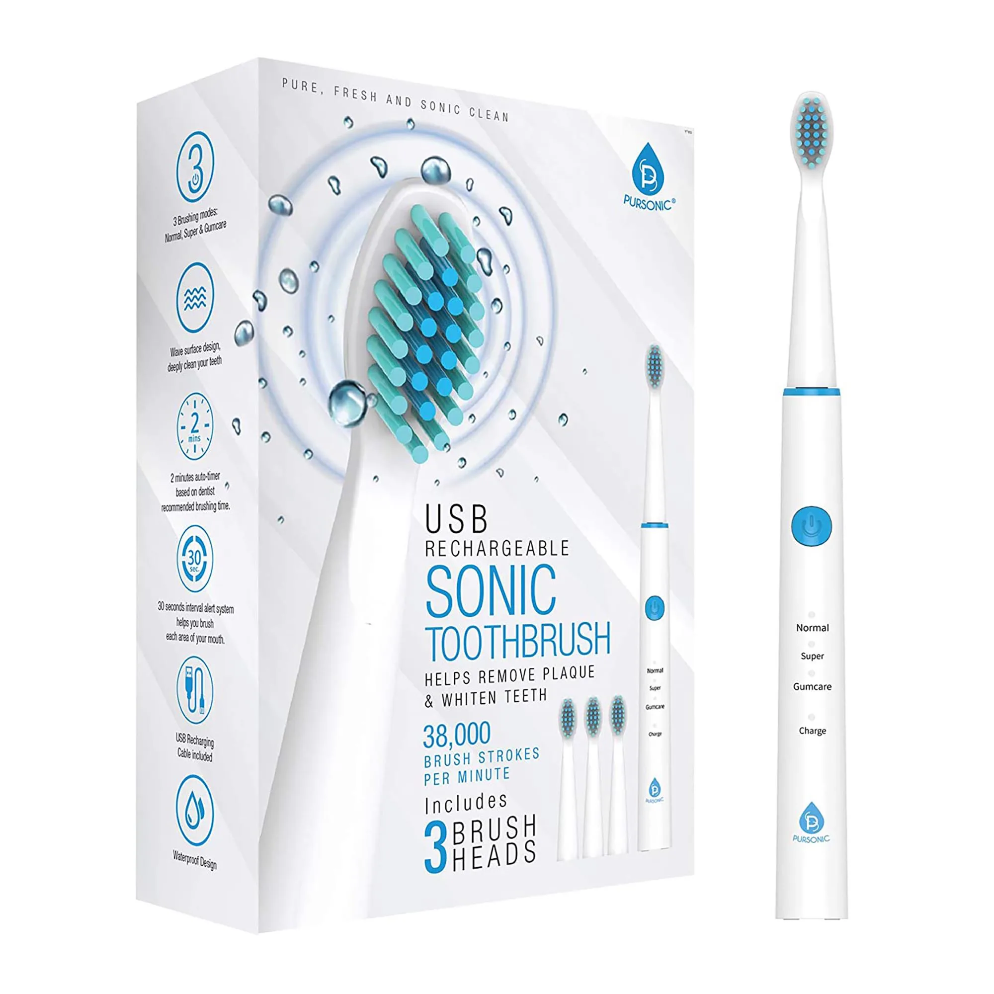 Pursonic Usb Rechargeable Sonic Toothbrush w/3 Brush Heads - White