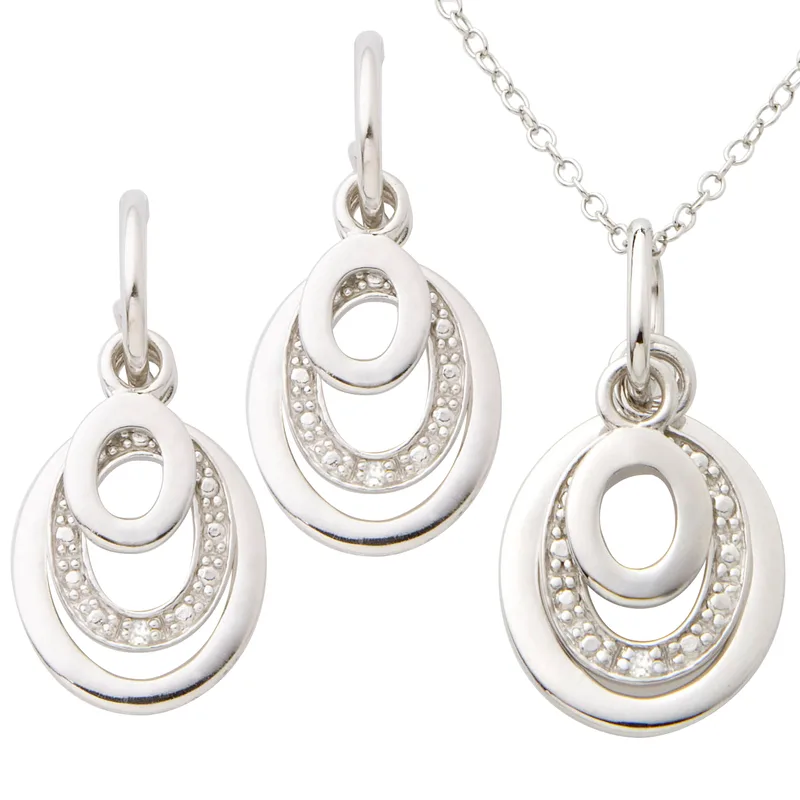 Jilco Inc Sterling Silver Diamond Earring & Necklace Set