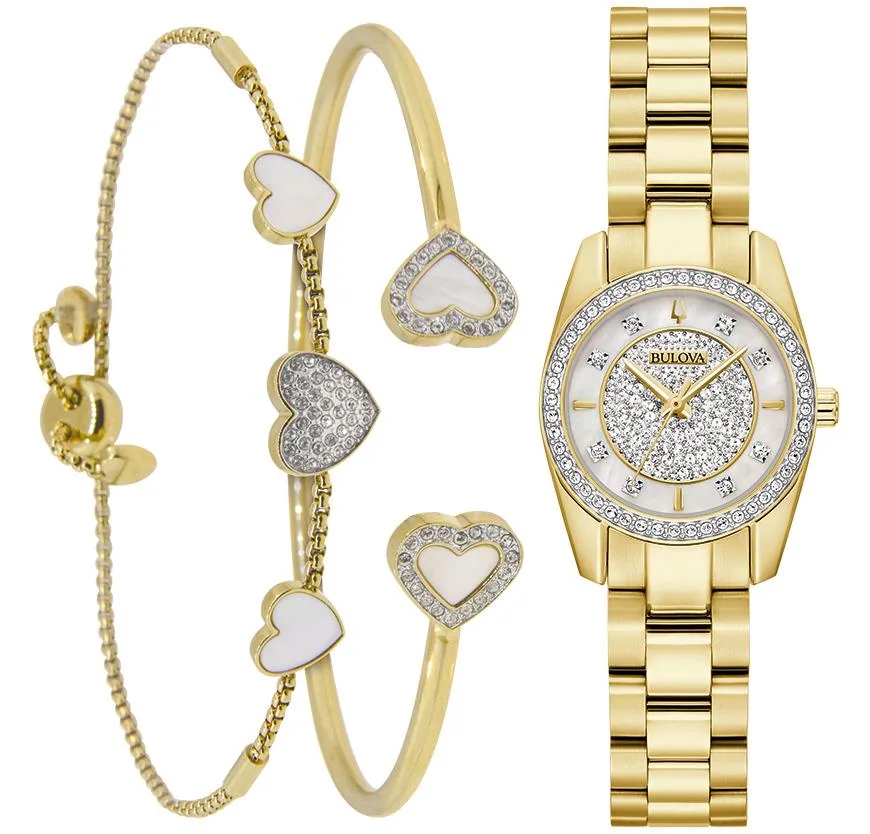 Bulova Watches Ladies' Crystal Box Set w/Gold Tone Watch And Bracelets