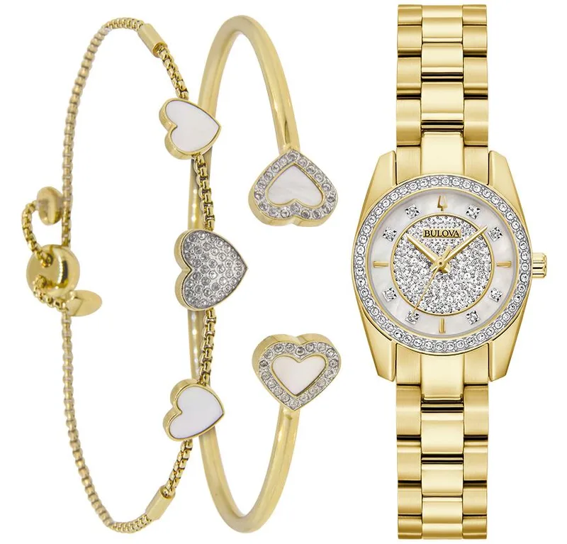 Bulova Watches Ladies' Crystal Box Set w/Gold Tone Watch And Bracelets