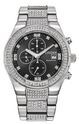 Citizen® Men's Crystal Eco-Drive® Stainless Steel Watch w/Black Dial