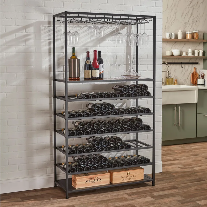 Wine Enthusiast 115-Bottle Iron Wine And Stemware Rack w/Tasting Shelf