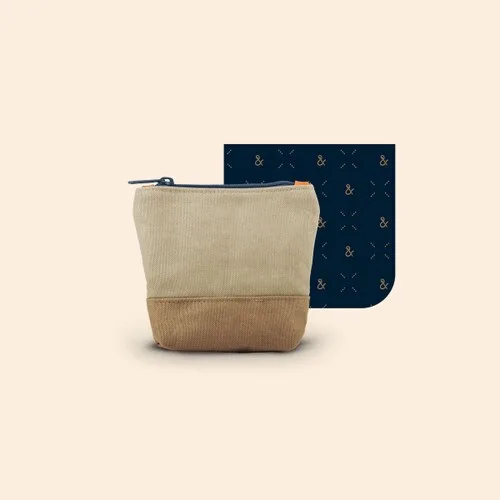 Natural Beige/Khaki Tan Blank Pouch with Navy Blue Liner