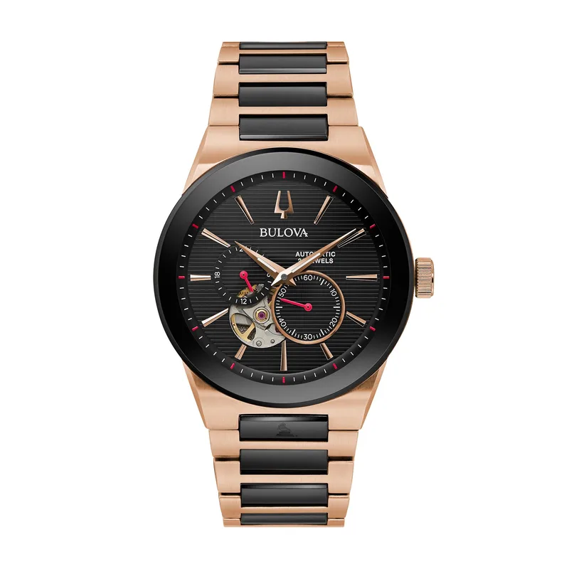 Bulova Watches Men's Latin Grammy Automatic Watch Rose Gold Bracelet And Black Dial