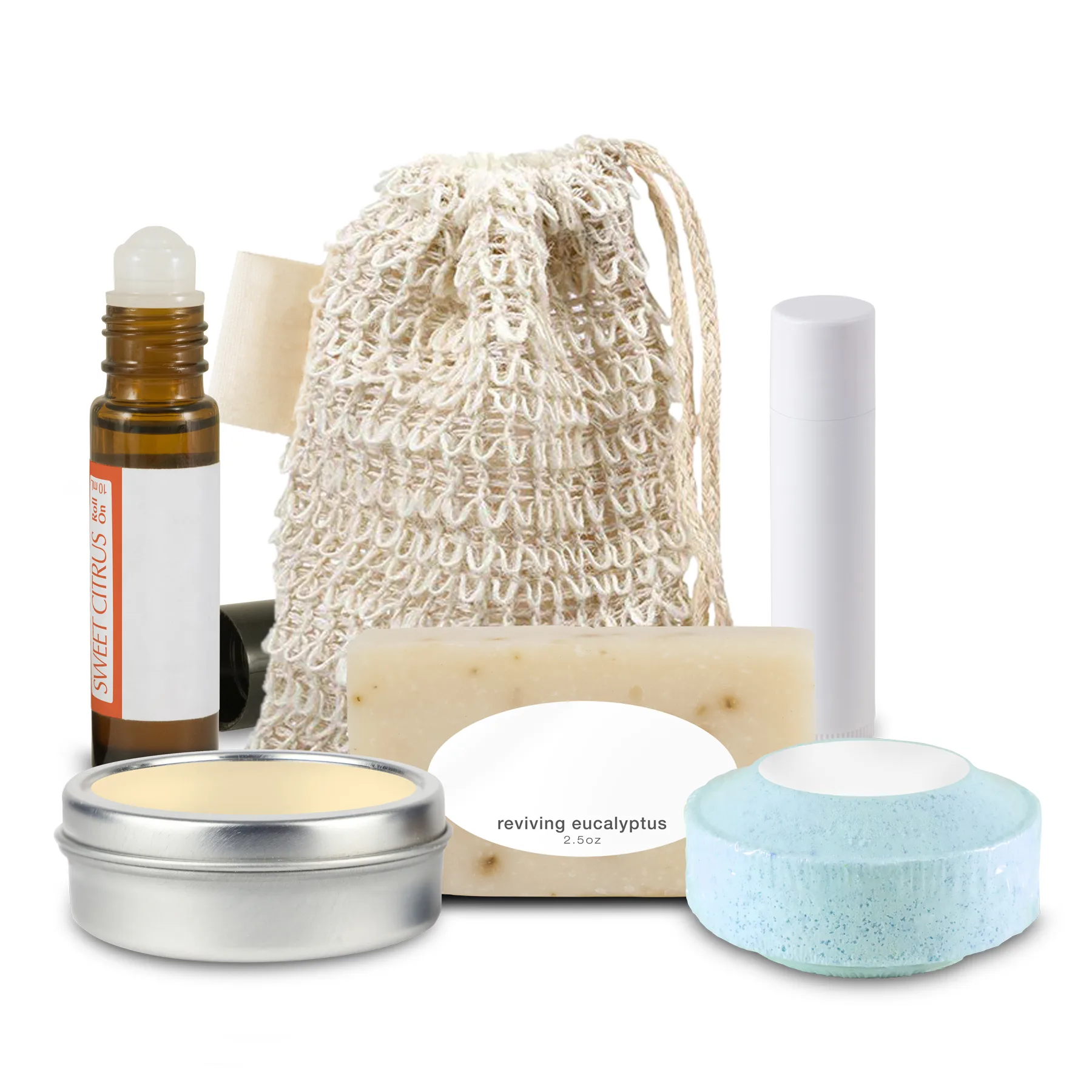 Loofah Bag with Roll-on Oil, Mini Soap, Shower Steamer, Candle Tin, Lip Balm, with Sewn-in Tag view 2