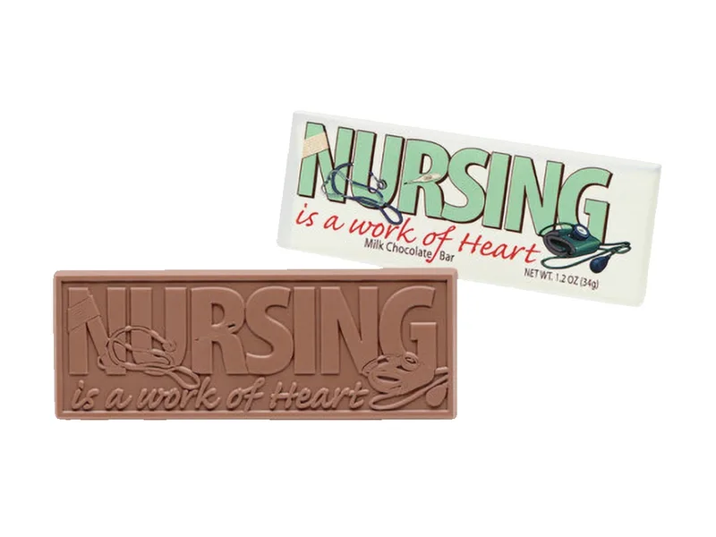 2"x5" Themed Milk Chocolate Wrapper Bar: Nursing is a work of heart.