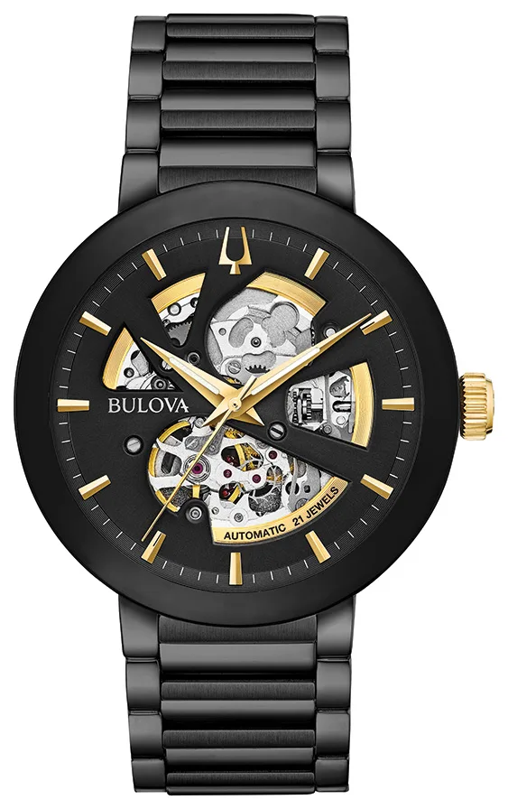 Bulova Watches Men's Modern Collection Automatic Watch, Black Stainless Steel w/Gold Accents